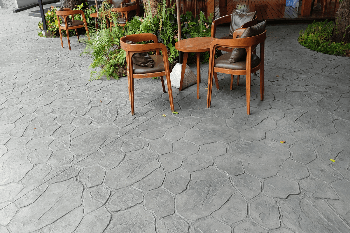Outdoor patio with chairs and tables.